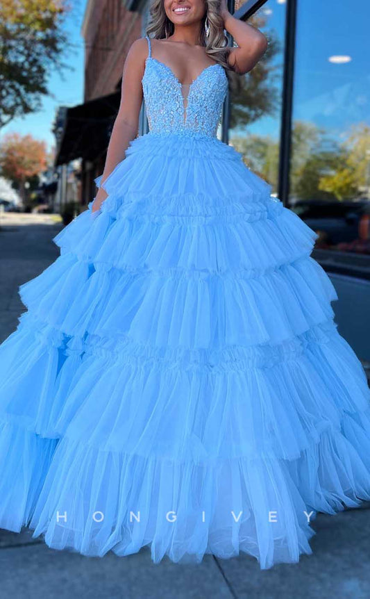 L2851 - V-Neck A-Line Appliques Tiered Tulle Party Prom Evening Dress