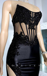 L2871 - Chic Satin Bateau Beaded Appliques Illusion With Side Slit Prom Evening Dress