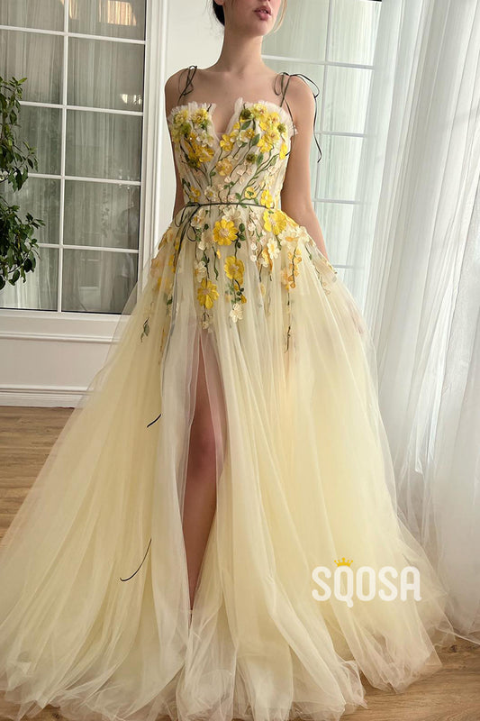 L2813 - Tulle A-Line Spaghetti Straps Floral Appliqued With Side Slit Party Prom Evening Dress