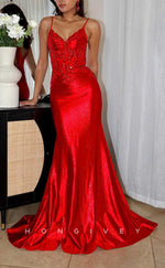 L2872 - Chic Red V-Neck Spaghetti Straps Appliques Beaded Party Prom Evening Dress