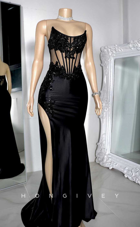 L2871 - Chic Satin Bateau Beaded Appliques Illusion With Side Slit Prom Evening Dress