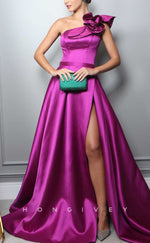 L2866 - Satin A-Line One Shoulder Ruffled With Side Slit Party Prom Evening Dress