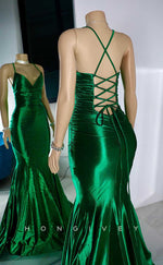 L2873 - Satin Trumpet V-Neck Spaghetti Straps Prom Evening Dress For Black Girls