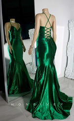 L2873 - Satin Trumpet V-Neck Spaghetti Straps Prom Evening Dress For Black Girls