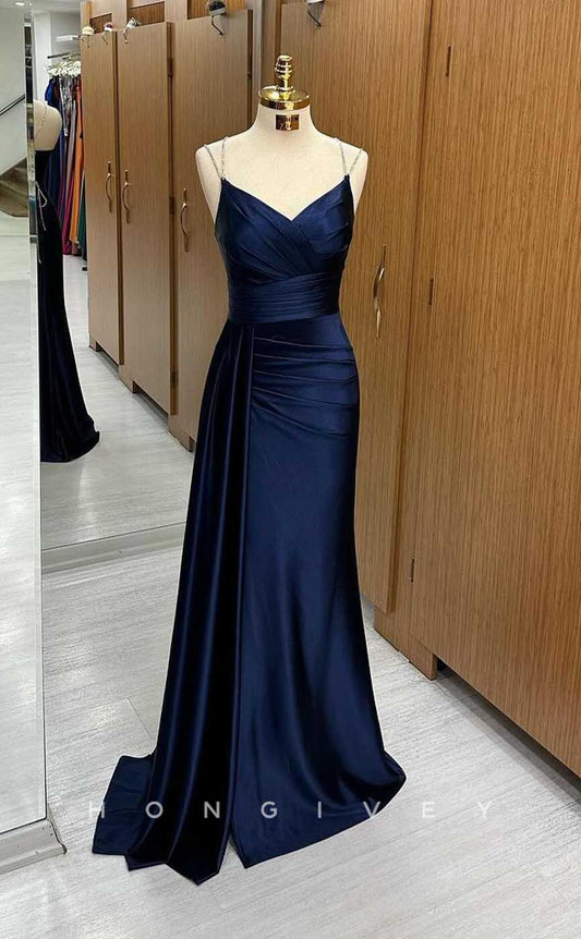 L2877 - V-Neck Spaghetti Straps Ruched With Train Party Prom Evening Dress