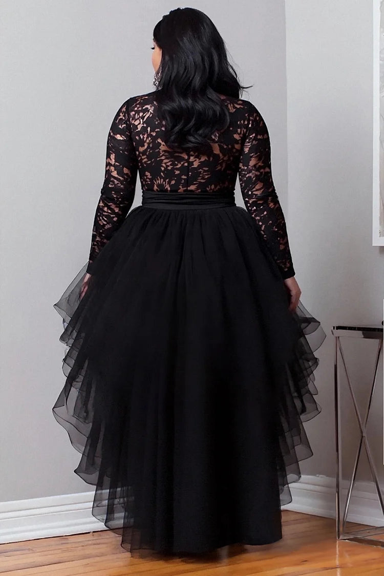 Plus Size Cocktail Party Black Round Neck Long Sleeve High Low Hem Elegant Ruffle Tulle Lace Mini Dresses