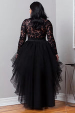 Plus Size Cocktail Party Black Round Neck Long Sleeve High Low Hem Elegant Ruffle Tulle Lace Mini Dresses