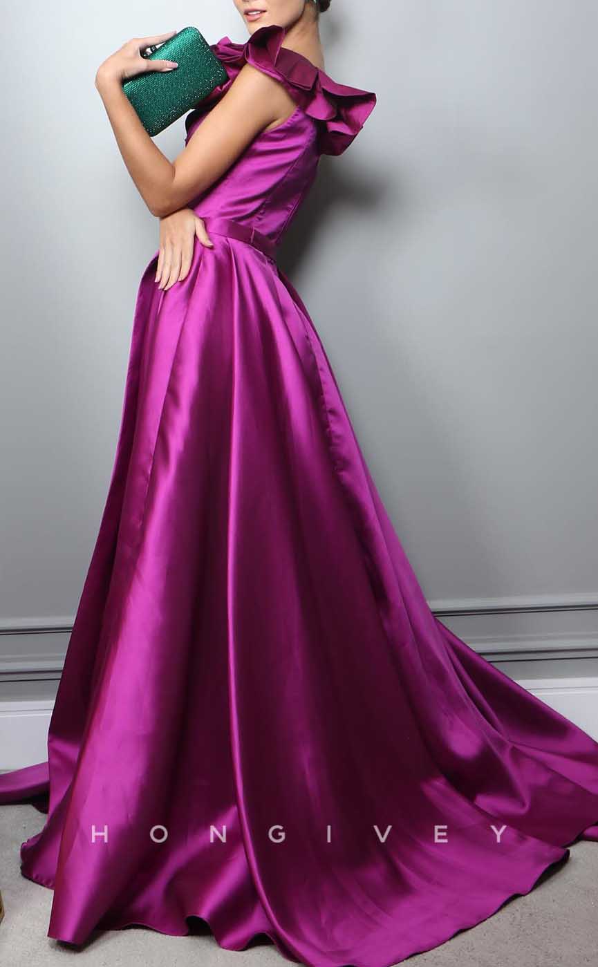 L2866 - Satin A-Line One Shoulder Ruffled With Side Slit Party Prom Evening Dress