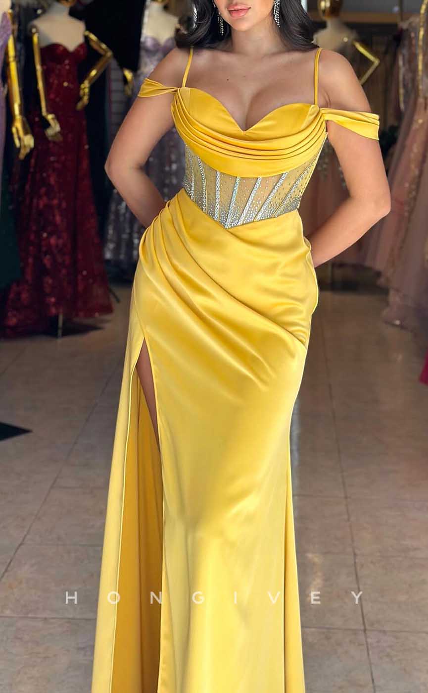 L2855 - Sheath Off-Shoulder Empire Pleats With Side Slit Party Prom Evening Dress