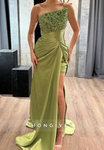 L2969 - Asymmetrical Satin Beaded Empire With Side Slit Party Prom Evening Dress