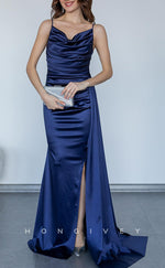 L2954 - Satin Trumpet Spaghetti Straps Ruched With Side Slit Party Prom Evening Dress