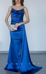 L2954 - Satin Trumpet Spaghetti Straps Ruched With Side Slit Party Prom Evening Dress