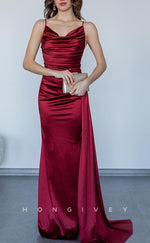 L2954 - Satin Trumpet Spaghetti Straps Ruched With Side Slit Party Prom Evening Dress