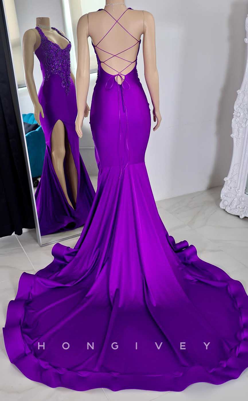 L2874 - Asymmetrical Spaghetti Straps Beaded Appliques With Side Slit Party Prom Evening Dress