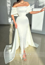 L2981 - Satin Fitted Off-Shoulder With Train Party Prom Evening Dress