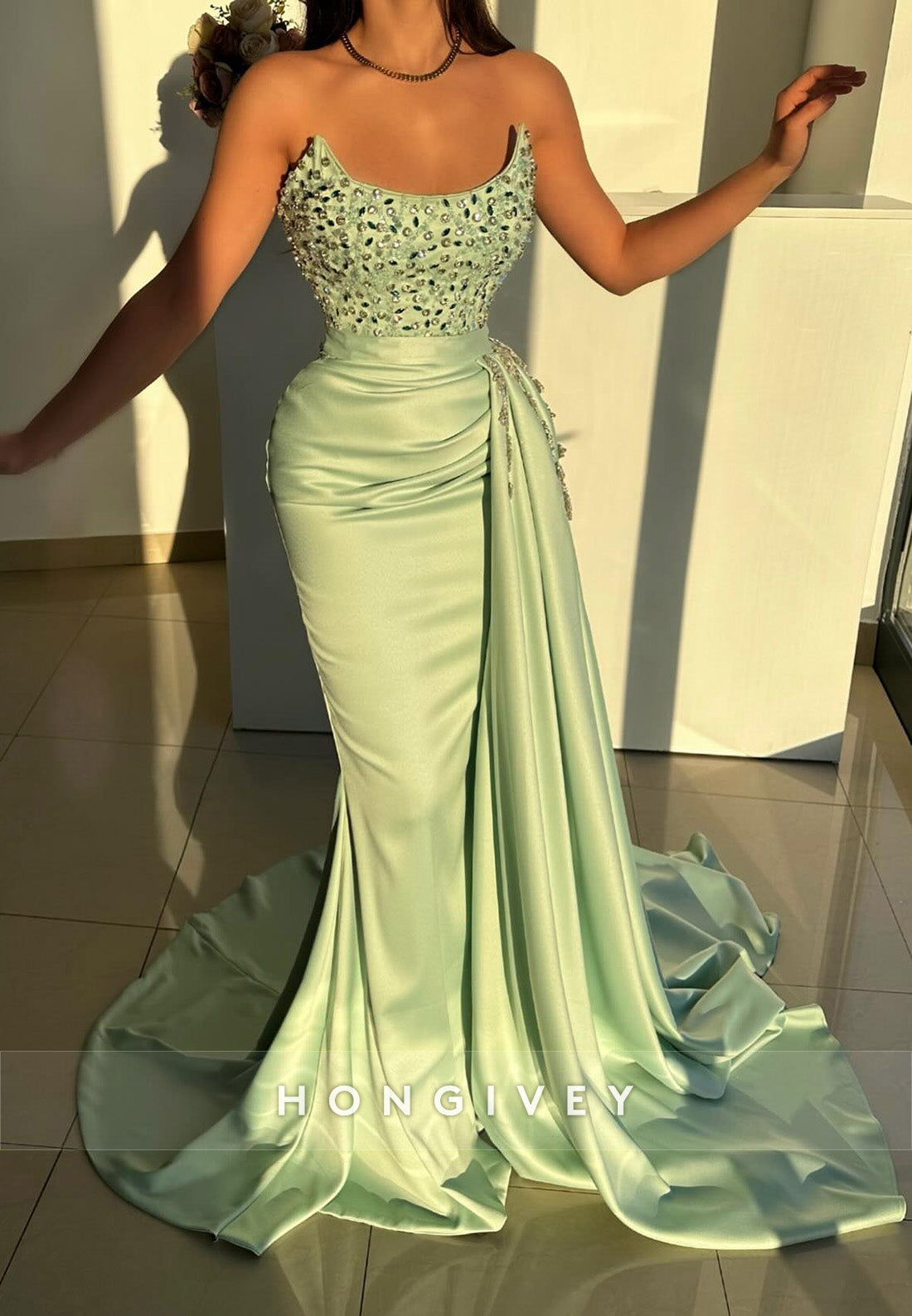 L2980 - Trumpet Bateau Strapless Beaded With Train Party Prom Evening Dress