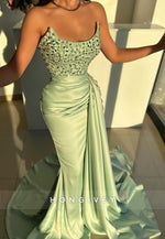 L2980 - Trumpet Bateau Strapless Beaded With Train Party Prom Evening Dress