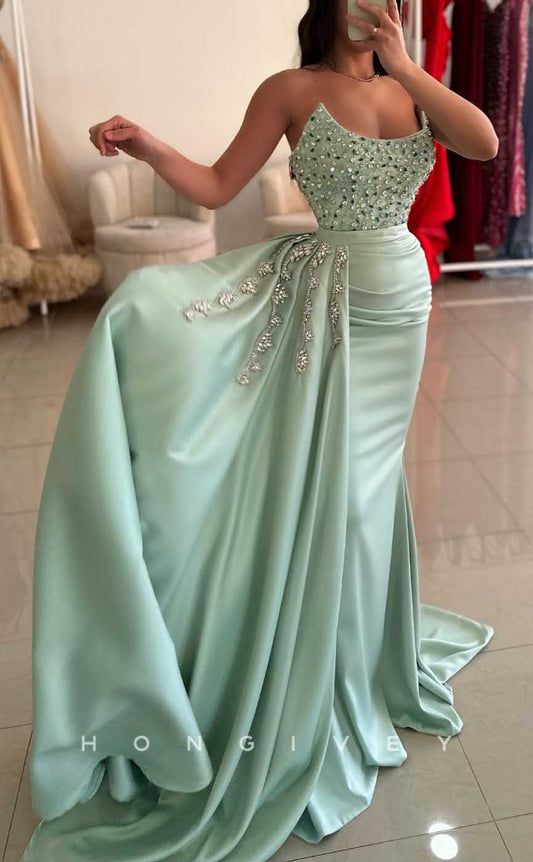 L2879 - Bateau Strapless Beaded With Side Slit Party Prom Evening Dress