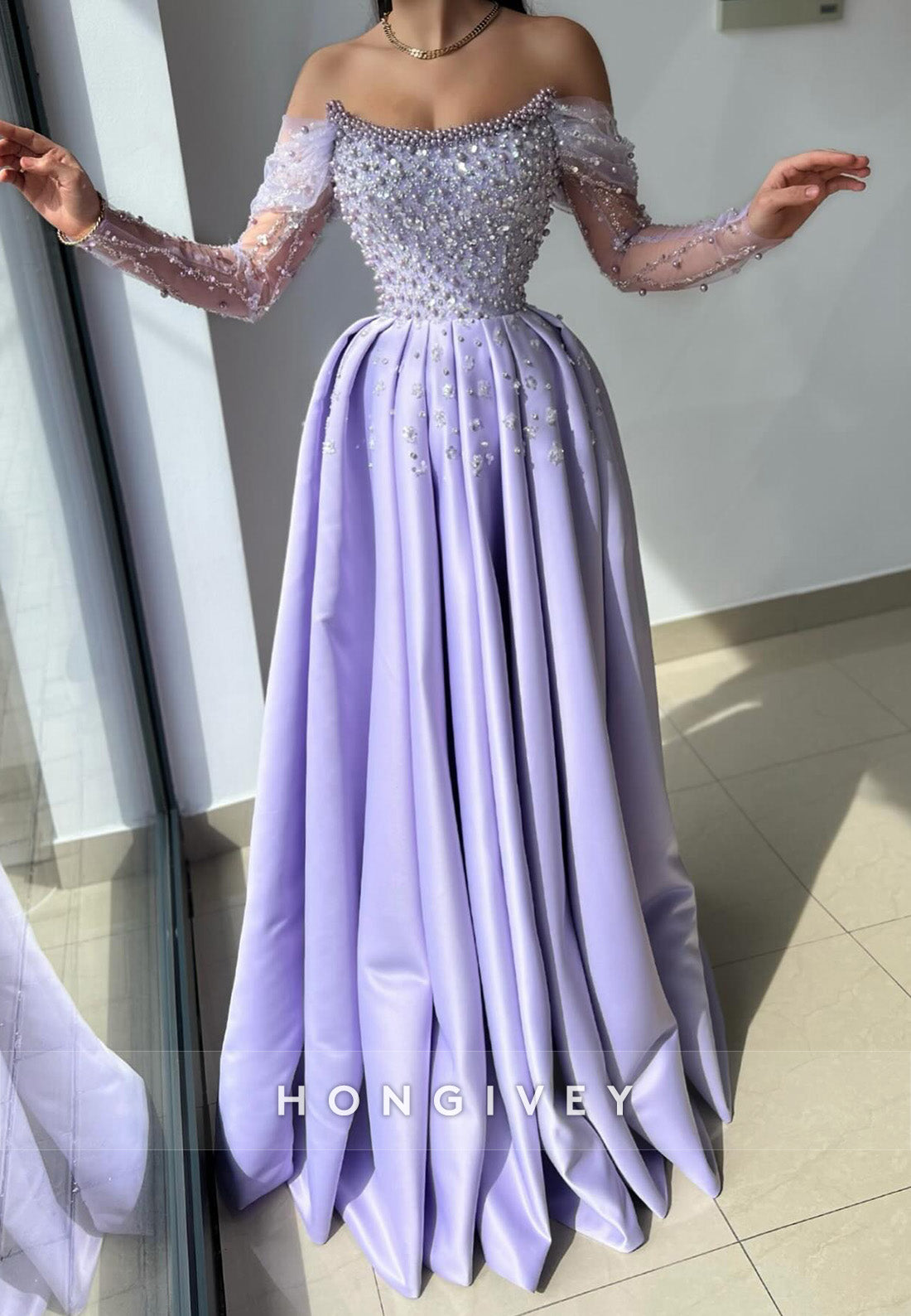 L2978 - Chic Satin A-Line Bateau Off-Shoulder Beaded Party Prom Evening Dress