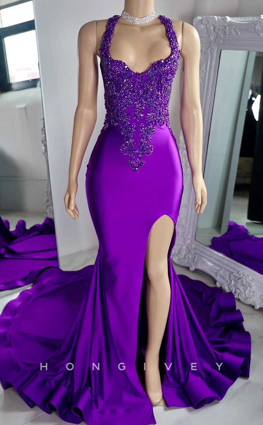 L2874 - Asymmetrical Spaghetti Straps Beaded Appliques With Side Slit Party Prom Evening Dress