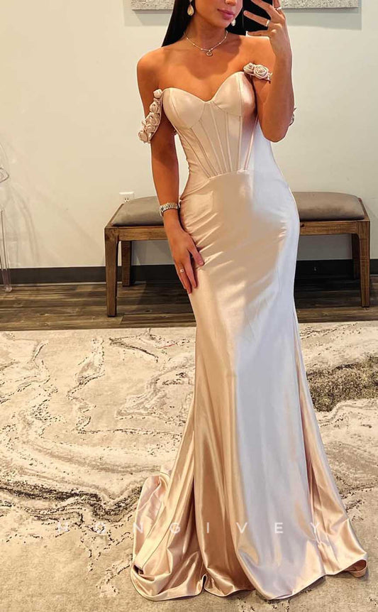 L2891 - Satin Trumpet Sweetheart Off-Shoulder With Train Party Prom Evening Dress