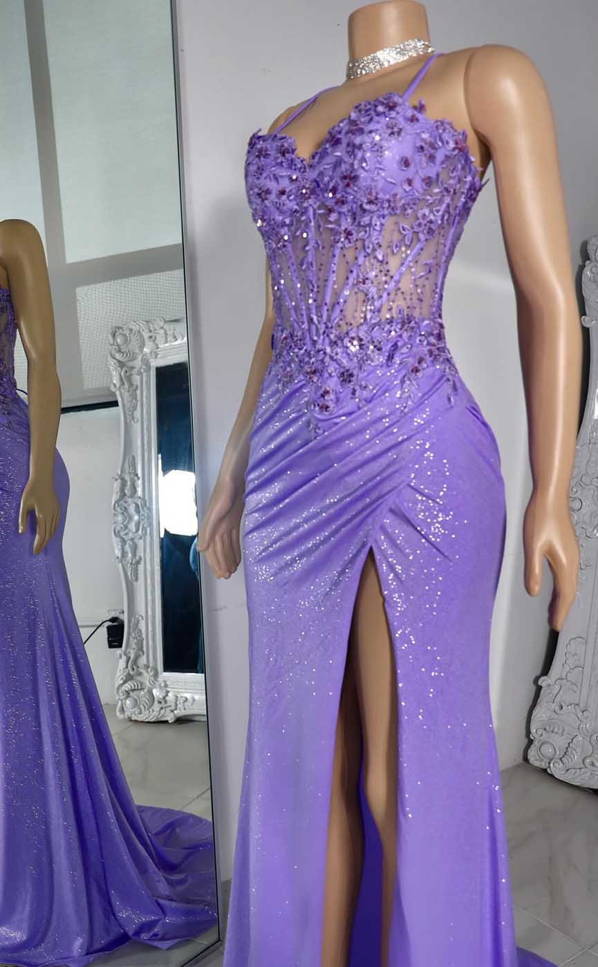 L2567 - Chic Sweetheart Illusion Appliques With Side Slit Party Prom Evening Dress