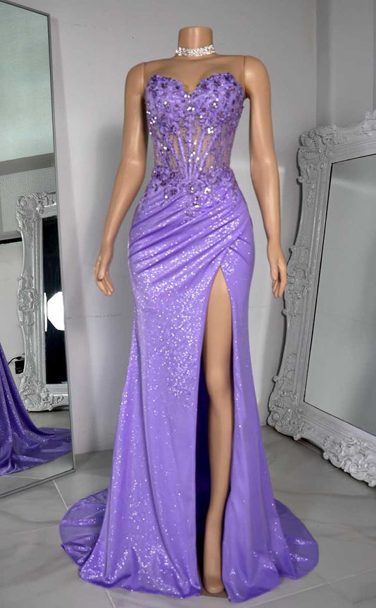 L2567 - Chic Sweetheart Illusion Appliques With Side Slit Party Prom Evening Dress