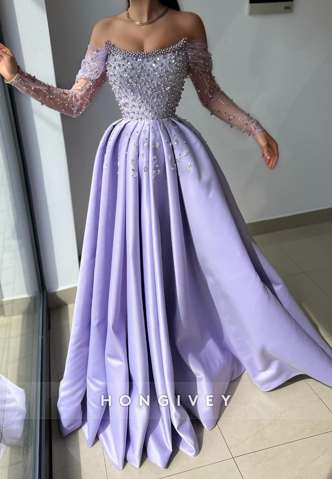 L2978 - Chic Satin A-Line Bateau Off-Shoulder Beaded Party Prom Evening Dress