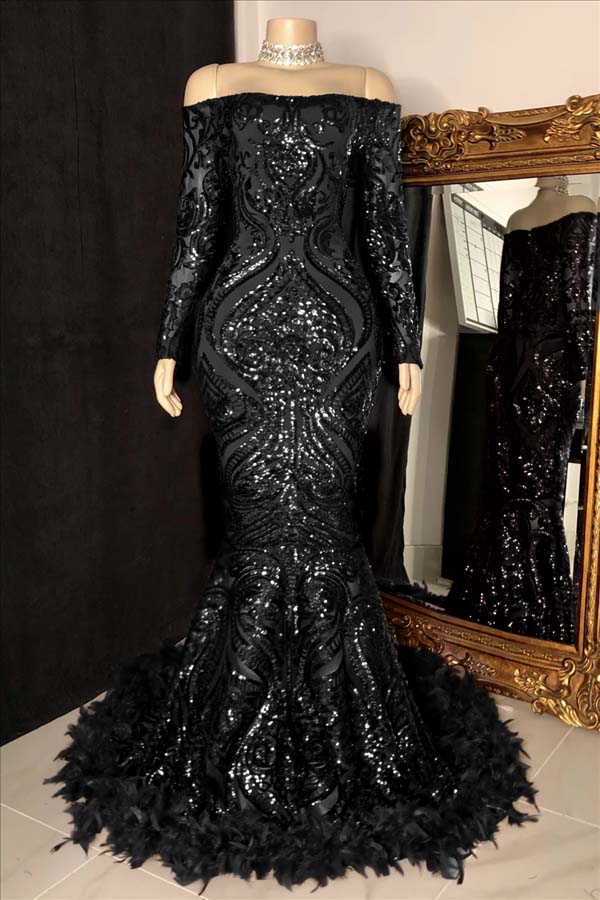 Hidais Long Sleeves Strapless Mermaid Prom Dress Sequins Burgundy With Feather