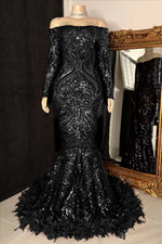 Hidais Long Sleeves Strapless Mermaid Prom Dress Sequins Burgundy With Feather