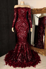 Hidais Long Sleeves Strapless Mermaid Prom Dress Sequins Burgundy With Feather