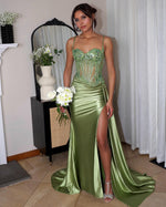 L2179 - Sexy Satin A-Line Sweetheart Spaghetti Straps Empire Beaded Ruched With Side Slit Party Prom Evening Dress