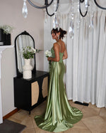 L2179 - Sexy Satin A-Line Sweetheart Spaghetti Straps Empire Beaded Ruched With Side Slit Party Prom Evening Dress