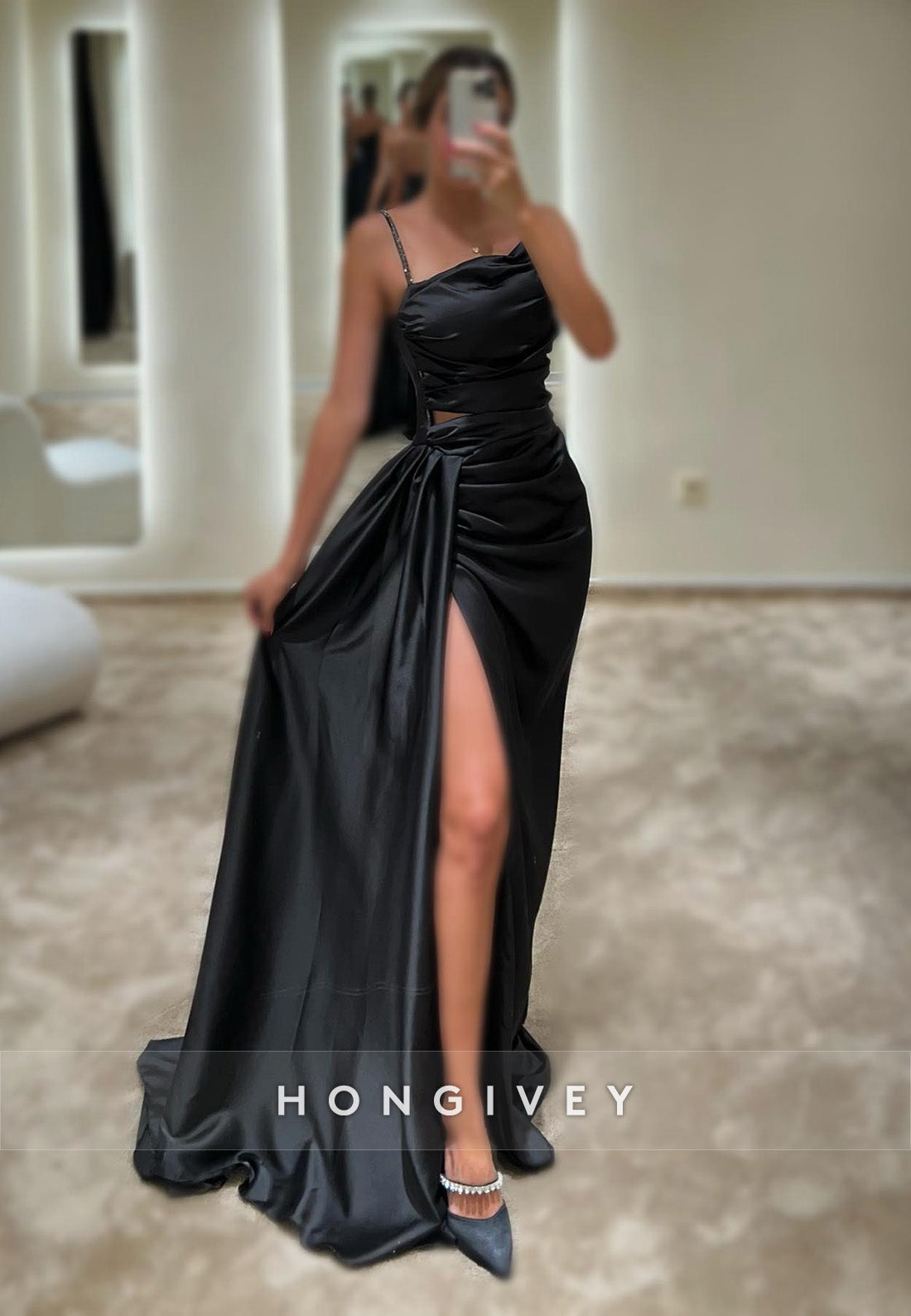 L2960 - Satin Spaghetti Straps Ruched Beaded With Side Slit Party Prom Evening Dress