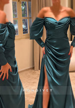 L2961 - Off-Shoulder Long Sleeve Empire With Side Slit Party Prom Evening Dress