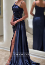 L2960 - Satin Spaghetti Straps Ruched Beaded With Side Slit Party Prom Evening Dress