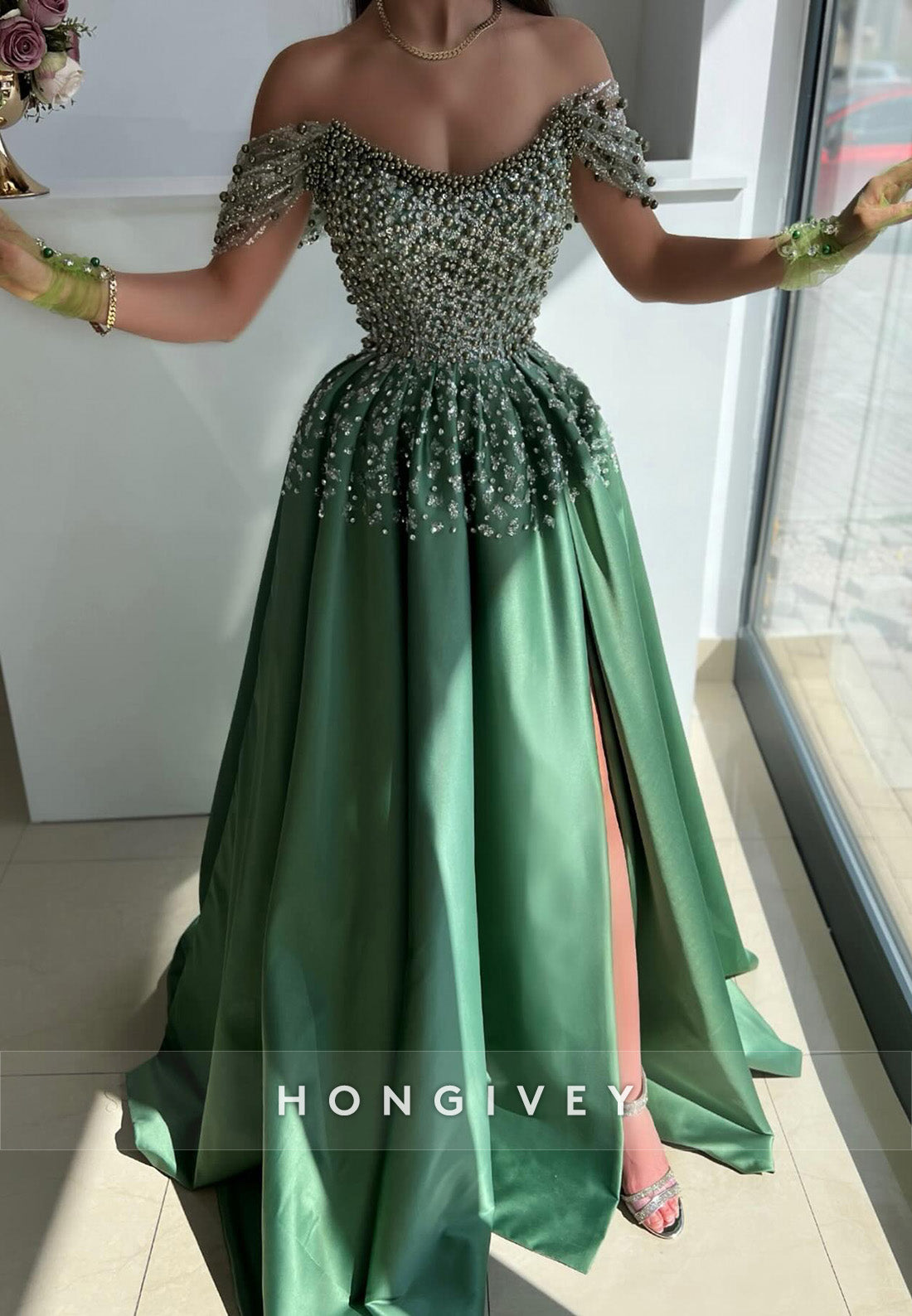 L2976 - A-Line Off-Shoulder Beaded With Side Slit Party Prom Evening Dress