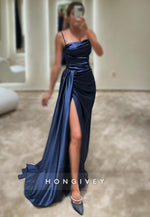 L2960 - Satin Spaghetti Straps Ruched Beaded With Side Slit Party Prom Evening Dress