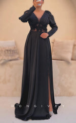 L2944 - Satin A-Line V-Neck Long Sleeve Appliques Party Prom Evening Dress