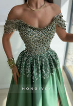 L2976 - A-Line Off-Shoulder Beaded With Side Slit Party Prom Evening Dress