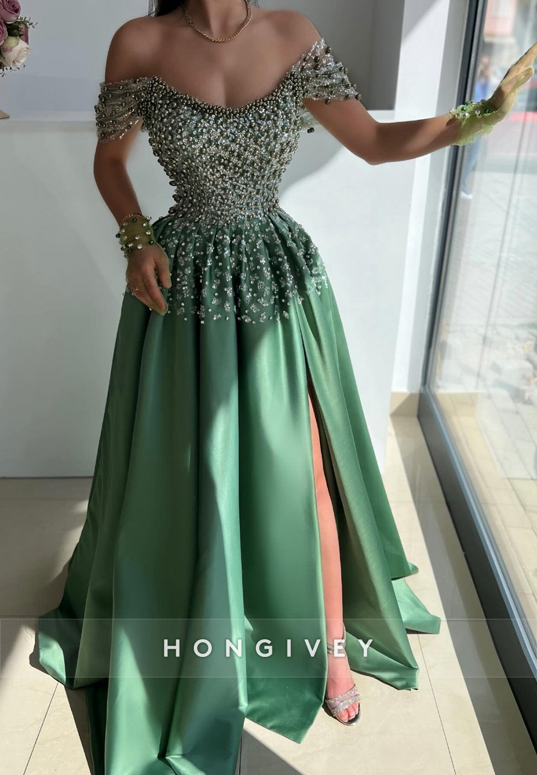 L2976 - A-Line Off-Shoulder Beaded With Side Slit Party Prom Evening Dress