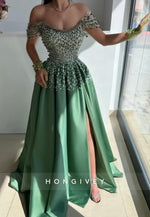 L2976 - A-Line Off-Shoulder Beaded With Side Slit Party Prom Evening Dress