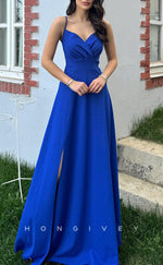 L2935 - Satin A-Line V-Neck Spaghetti Straps With Side Slit Party Prom Evening Dress