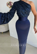 L2974 - One Shoulder Sequined Long Sleeve Fitted Party Prom Evening Dress