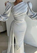 L2973 - Satin Fitted Asymmetrical Long Sleeve Party Prom Evening Dress