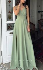 L2935 - Satin A-Line V-Neck Spaghetti Straps With Side Slit Party Prom Evening Dress