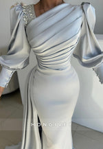 L2973 - Satin Fitted Asymmetrical Long Sleeve Party Prom Evening Dress