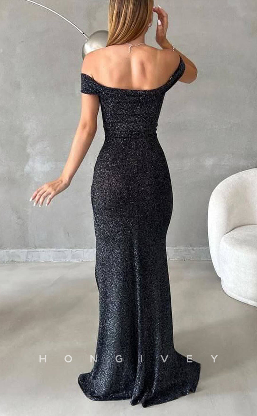 L2933 - Chic Fitted Glitter Off-Shoulder With Side Slit Party Prom Evening Dress