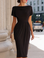 Draped Neckline Short-Sleeve Midi Dress