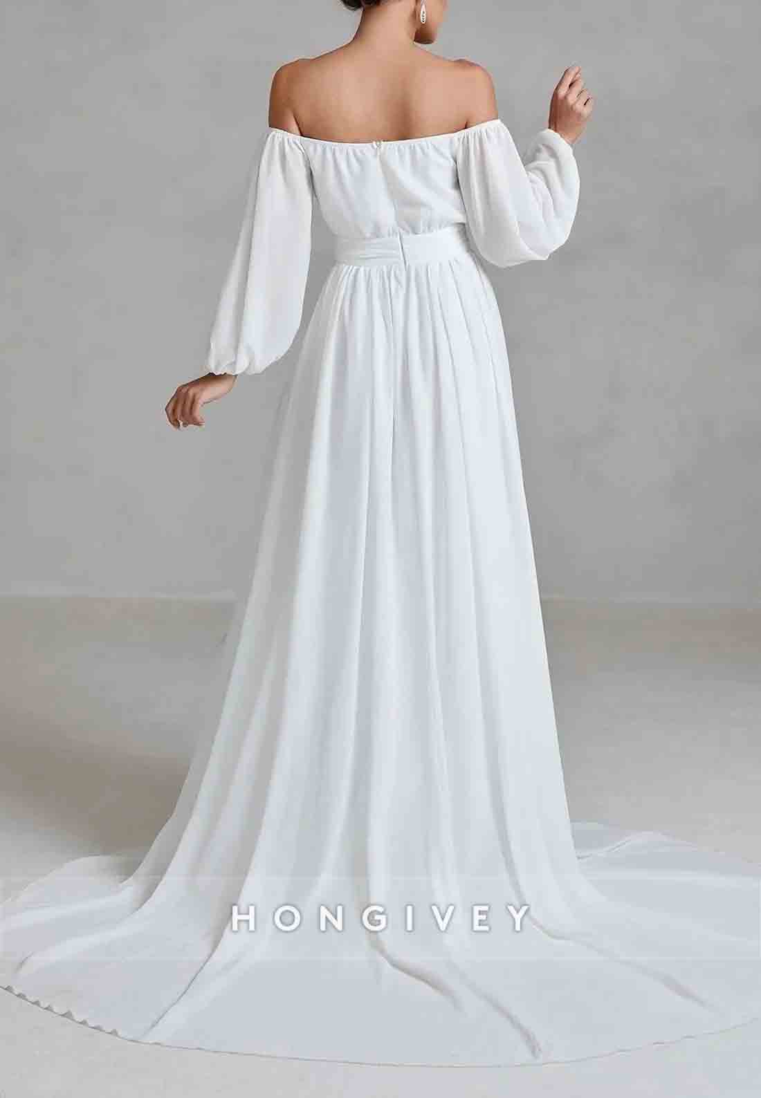 Off the Shoulder Lantern Sleeves Chiffon A-Line Wedding Dress with High Slit